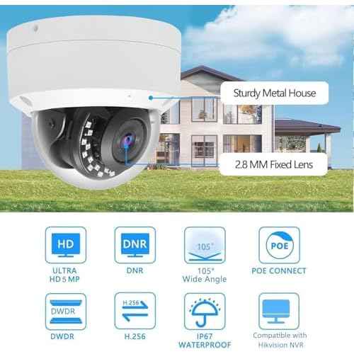 Real HD 5MP Vandal PoE IP Camera Outdoor, 2.8mm Wide Angle, H.265, 65ft IP67 Waterproof, Must Work with a NVR, Does not Work by Itself.
