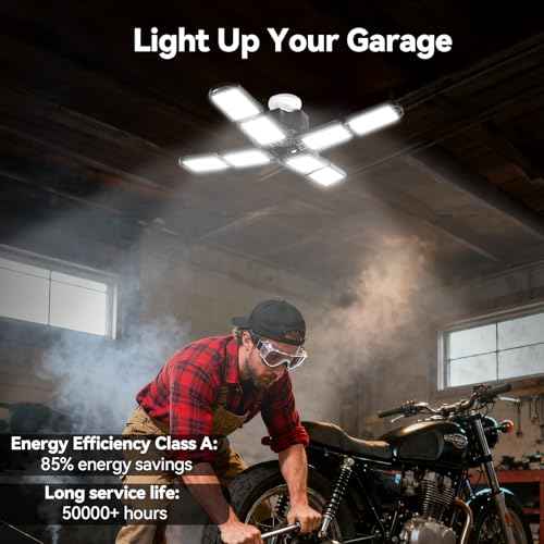 2 Pack Garage Light, 250W LED Shop Lights, 20000LM 6500K Garage Lights Ceiling Led with 8 Deformable Panels, Screw in E26/E27 Socket Bulb for Warehouse, Workshop, Basement, Barn, Storage Lighting