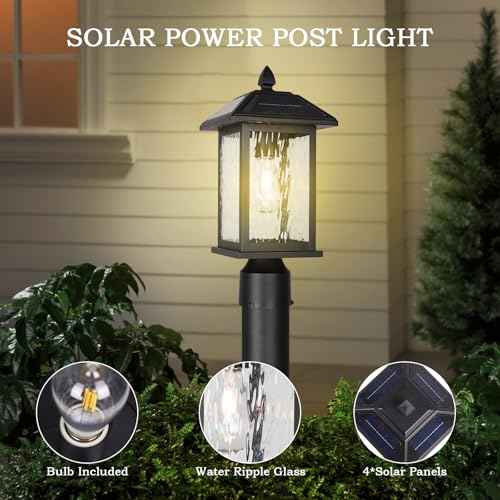 Solar Outdoor Post Light Fixture£¬Dusk to Dawn Modern Exterior Pillar Lantern with Black Finish & Water Ripple Glass£¬Waterproof Outside Pole Light for Garden, Backyard, Courtyard