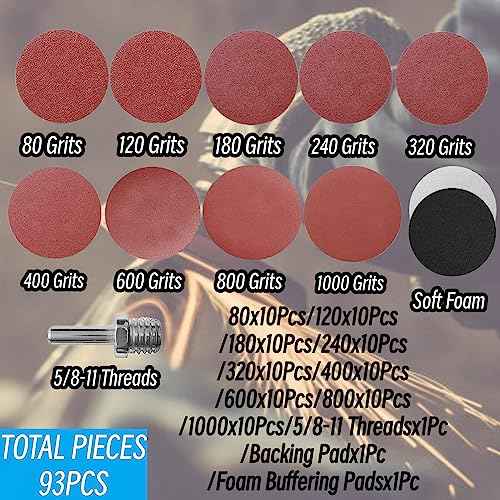 5 inch Sanding Discs Hook and Loop with 90PCS Sandpaper, Soft Foam Buffering Pads, Drill Sanding Attachment, 80/120/180/240/320/400/600/800/1000 Grits Sandpaper for Wood Metal Car Polishing