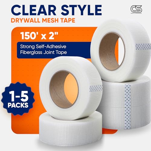 CLEAR STYLE Self-Adhesive Fiberglass Drywall Joint Mesh Tape 150Ft x 2 Inch, Crack-Resistant, Strong Fiberglass Joint Tape for Seamless Drywall Repairs (5 Pack White)