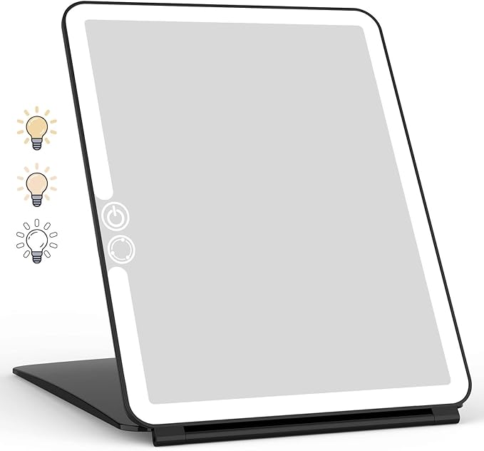 WEILY Portable Travel Mirror Makeup Mirror with 72 LED Lights, Touch Screen Three Colors Dimmable,Ultra Thin, 2000 mAh USB Rechargeable Foldable Cosmetic Mirror（Black）