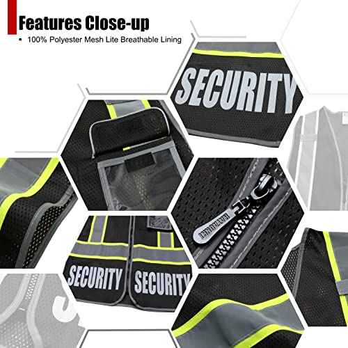 Security Vest for Men Women Reflective Safety Vest with 5 Pockets and Front Zipper Mesh High Visibility Vest Meets ANSI/ISEA 107-2015 Standards (2/Black-22, L)