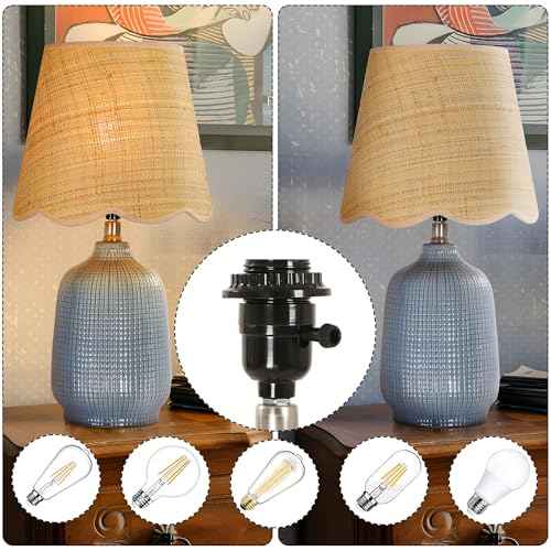 Pia Ricco 19" Modern Ceramic Table Lamp for Living Room Gray Bule Base Desk Lamps for Bedroom Farmhouse Bedside Nightstand Lamp End Table Lamps,Bule,Rattan Shade