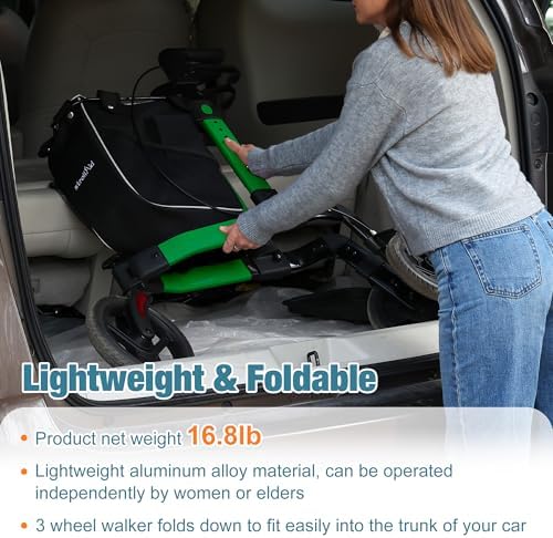 3 Wheel Rollator Walker, Walkers for Seniors, Rollator Walker Lightweight Foldable, with Tray and Large Storage Bag, 10 Inch Front Wheel for All Terrain, Green