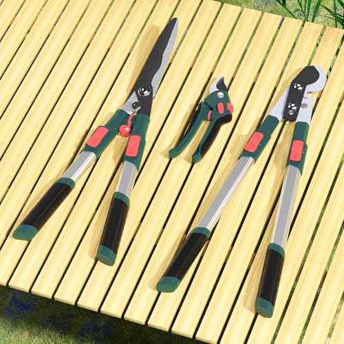 GARTOL 3-Piece Garden Tool Set - Bypass Lopper, Hedge Shears, Pruning Shears with Telescopic Aluminum Handles, Extendable Heavy-Duty Branch Cutters, Garden Clippers for Branches, Shrubs, and Hedges