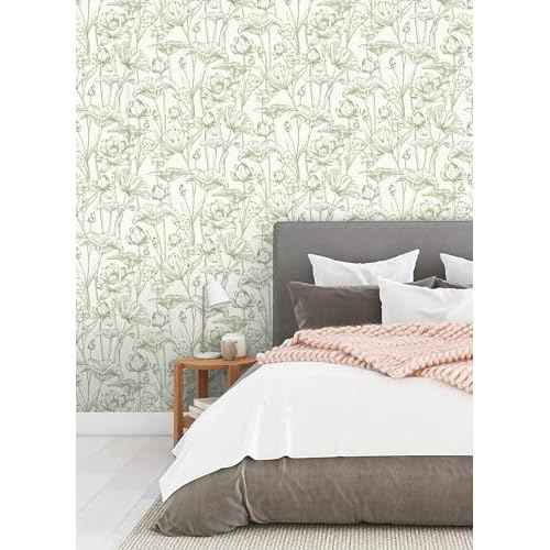 Vinjiasin Peel and Stick Wallpaper Green Floral Contact Paper Boho Modern Lotus Wall Paper for Bedroom Bathroom Living Room Self Adhesive Removable Flower Leaf 17.3"x 78.7"
