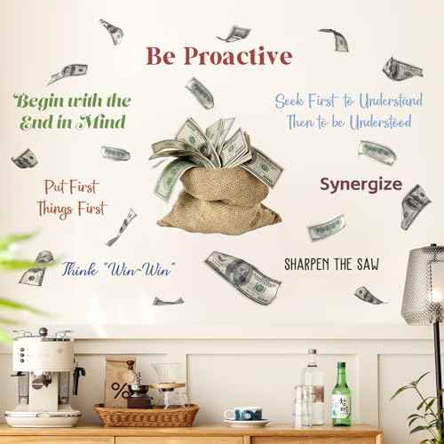 2Sheets Creative Money Bag Filled Dollars Object Wall Decal Removable DIY Inspirational Quotes Wall Decals Vinyl Peel and Stick Money Wallpaper for Girls Boys Bedroom Living Room Bathroom Decor