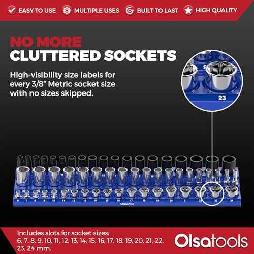 Olsa Tools Magnetic Socket Organizer (3/8-Inch Drive, 3 Row) - Magnetic Tool Organizer & Socket Holder - Tool Box Socket Organizers - Metric Blue - Holds 54 Sockets - Professional Grade - Part: 1556
