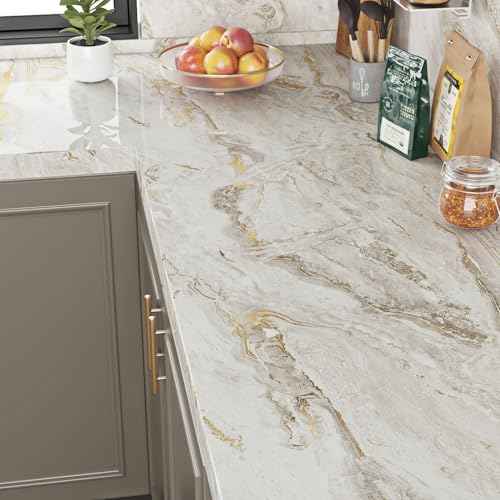 Livelynine Glossy Gold White Marble Contact Paper Waterproof Glossy Marble Countertop Peel and Stick Countertops Kitchen Counter Top Vinyl Desk Wrap Cover Self Adhesive Wallpaper Desk Table 15.8x78.8
