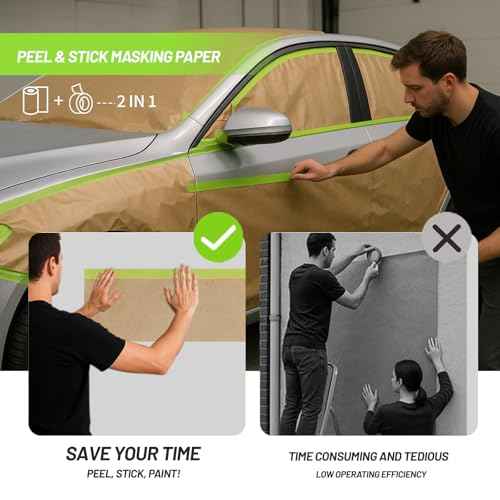 Pre-Taped Masking Paper for Painting 12 inch x 50 Feet, Tape and Drape Adhesive Painters Paper Roll for Walls, Trim, Baseboards, Cars, Auto Body and Furniture (1 Roll)