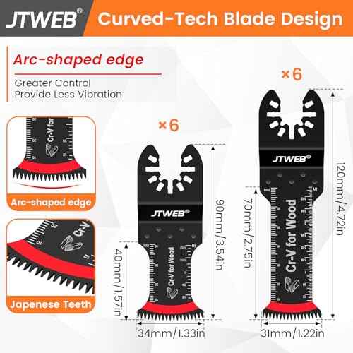 JTWEB Japanese Tooth Oscillating Saw Blades Wood, 12PCS Standard & Extra-Long Reach Arc-Shaped Edge Multitool Blades Clean Cut for Wood, Plastic, Power Oscillating Tool Blade Multi Tool Blades Kits