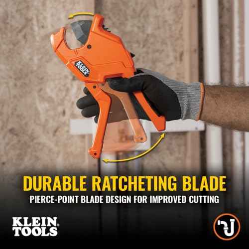 Klein Tools 50044 Ratcheting PVC Pipe Cutter Tool, 1-1/4 Inch I.D. Cutting Capacity for PVC, CPVC, and PEX Pipes, One-Handed Blade Retraction