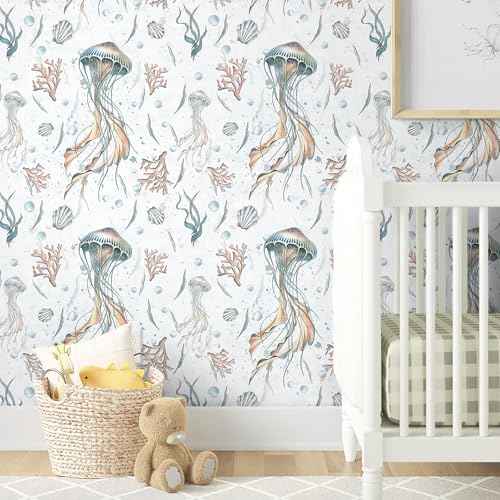 HeloHo Peel and Stick Wallpaper Light Blue Wall Paper Ocean Jellyfish Seaweed Self Adhesive Removable Waterproof Contact Paper for Bathroom Living Room Decor Kids Room Wallpaper 16.1" X 118"