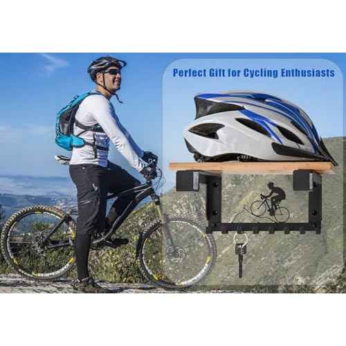 Bike Rack Wall Mount with Shelf and 8 Hooks Offer Horizontal Indoor Bike Storage for Sheds Garages. Wooden Bike Rack Bracket for Road, Mountain, Travel Bicycles, Maximizing Space