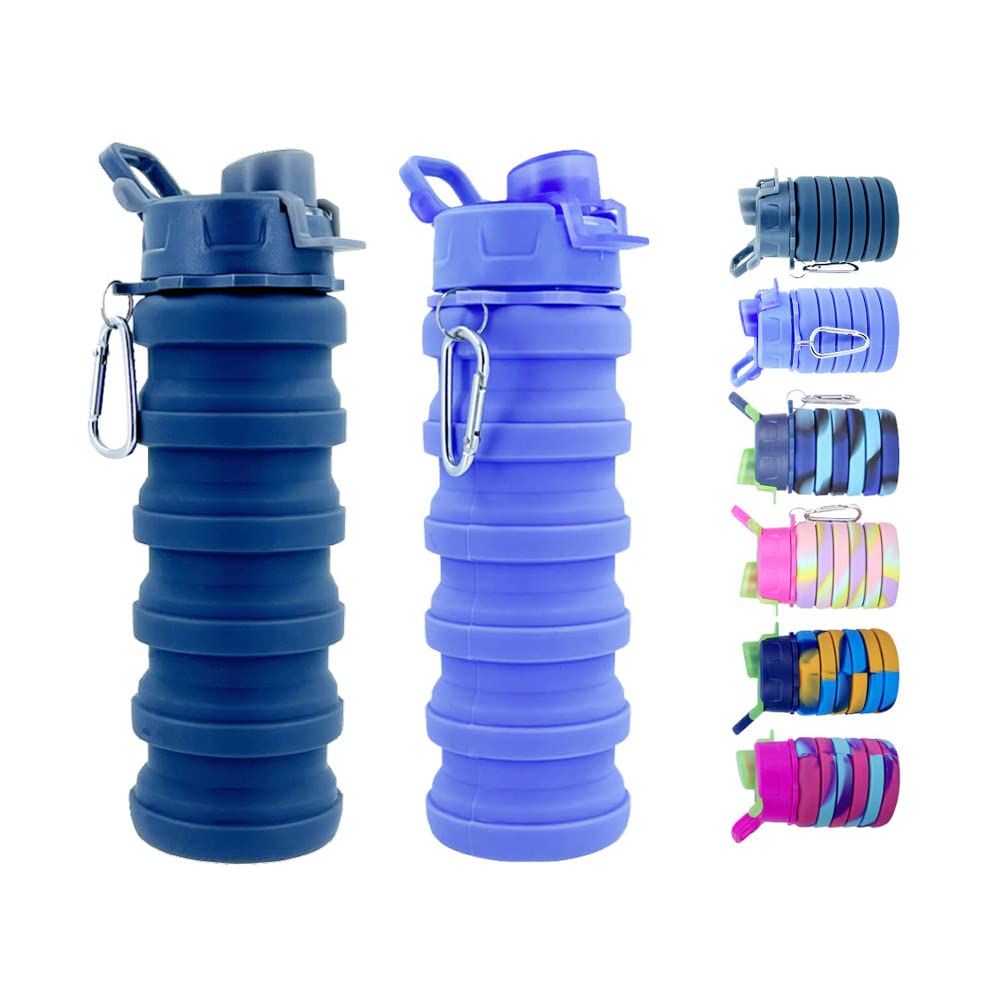 konlongzan Collapsible Water Bottles 2 Pack Silicone Water Bottle with Carabiner Expandable Water Bottle 500ml Portable Sport Water Bottle for Travel Camping.(Black+Purple)