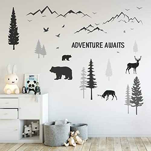 Tenare Dreamy Forest Wall Decals with Pine Tree, Animal Deer, Mountain & Inspirational Quote - DIY Wall Stickers for Kids' Room, Living Room, Bedroom (Simple Style)