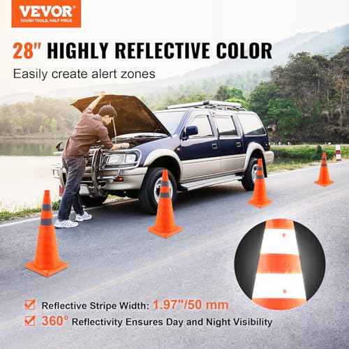 VEVOR Safety Cones, 4 Pack 28 inch Collapsible Traffic Cones, Construction Cones with Reflective Collars, Wide Base and A Storage Bag, for Traffic Control, Driving Training, Parking Lots