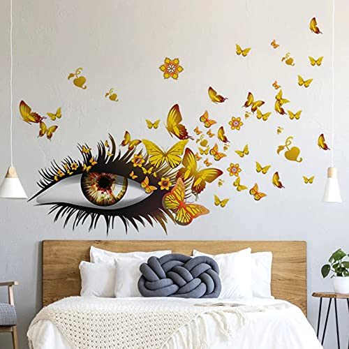 Creative Beautiful Girl Eyes Wall Sticker, Flying Butterfly Wall Decals, Girl Long Eyelashes Heart D?cor, DIY Art Vinyl Mural for Couple Lovers Girls Bedroom Living Room Decoration(Yellow)