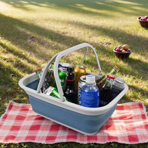 SAMMART Collapsible Tub with Handle 9.2L (2.37Gallon) - Portable Outdoor Picnic Basket/Crate - Foldable Basin for Washing Dishes,Camping,Hiking (Grey/Steel Blue, 1)