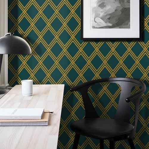Ohmywor Peel and Stick Wallpaper Dark Green and Gold Wallpaper, Diamond Geometric Wallpaper Contact Paper, Self Adhesive Removable Decorative Trellis Wall Covering Vinyl 17.7"x118"