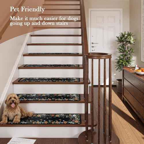 OJIA Floral Stair Treads Non-Slip Carpet Stair Treads for Wooden Steps Indoor 15PCS 30"x8" Stair Runner Stair Mats Staircase Step Treads for Kids, Elders and Dogs, Stair Covers, Black