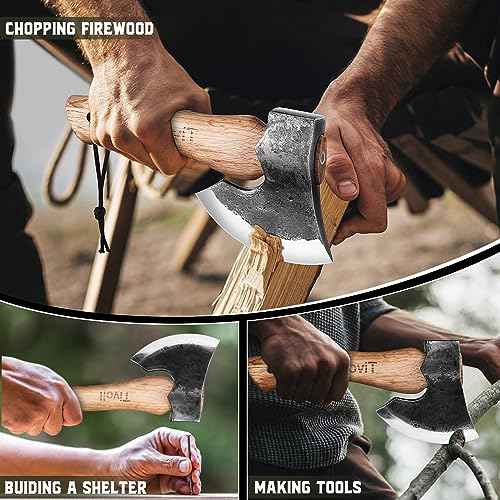 Tivoli 9-inch Small Hatchet Axe for Camping, Small Wood Hatchet Hand Axe, Hand Forged Carbon Steel Short Camp Axe for Chopping Wood, Ash Wood Handle, Retro Sheath