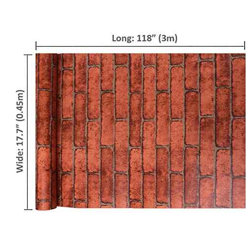 Lependor 17.71" X 118" Decorative Wallpaper Self-Adhesive Wall Paper Red Brick Printed Stick Paper Easy to Apply Peel and Stick - 17.71" x 9.8ft