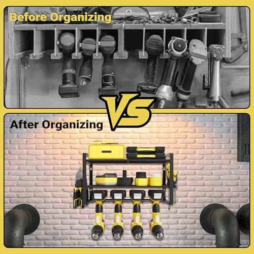 Power Tool Organizer Wall Mount, 3-Tier Heavy Duty Metal Rack Loads 180lbs with 4 Drill Holders and Side Hooks, Tool Battery Utility Rack Suitable Garage