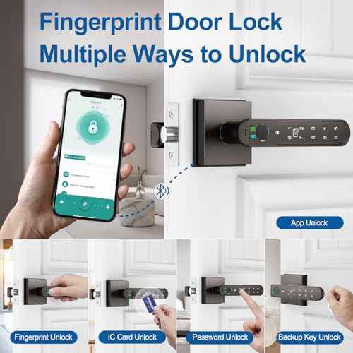 Fingerprint Door Lock, 5 in 1 Finger Print Door Knob with Smart APP/Fingerprint/IC Cards/Password/Backup Keys, Smart Door Knob with Keypad for Bedroom, Office, Apartment, Starry Grey