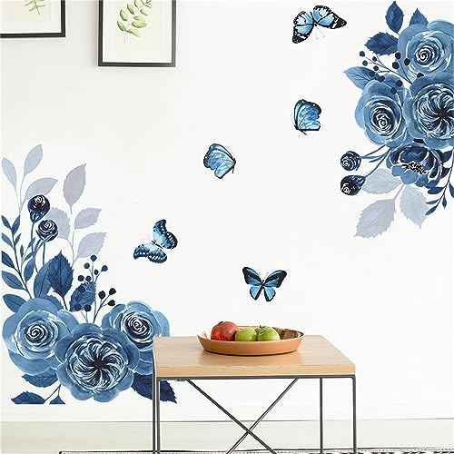 Blue Siren Peony Rose Flower Wall Stickers,sacinora Butterfly Floral Art Plants Wall Decals Removable Vinyl Peel and Stick for Living Room Bedroom Children's Room Kitchen Sofa TV Background Decoration