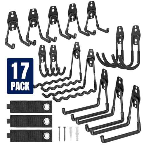 17 Pack Garage Hooks, Garage Wall Hooks with 3 Extension Cord Straps, Garage Heavy Duty Wall Mount Utility Hooks for Hanging Ladders, Garden Tools, Bikes, Hoses, Bulky Items
