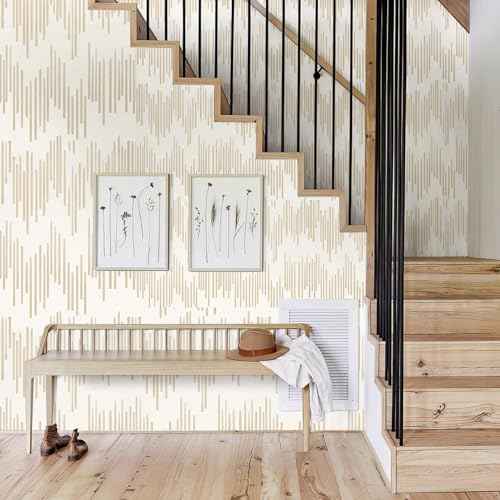 WENMER Beige Striped Wallpaper, Geometric Peel and Stick Wallpaper, 17.7''¡¿118'' Gold Contact Paper, Beige Self Adhesive Removable Wall Paper for Bathroom Cabinets Kitchen
