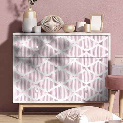 Modern White and Pink Peel and Stick Wallpaper 17.7"x120" Stripe Diamond Wallpaper Vinyl Waterproof Contact Paper Shelf Paper Drawer Liner Roll for Bedroom Living Room