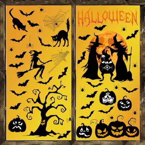 Halloween Window Clings,Halloween Witch Window Stickers,Pumpkin Ghost Wall Stickers,Pumpkin Bat Wall Decals,Spider Black Cat Decals,Tree Full Moon Decor for Party Home Room Office Kitchen