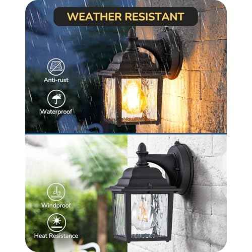 EDISHINE 2 Pack Outdoor Porch Light, Dusk to Dawn Exterior Lighting Fixtures, Modern Outdoor Wall Lights Fixture, Clear Water Ripple Glass, Anti-Rust Waterproof for Front Door Garage Patio, Black