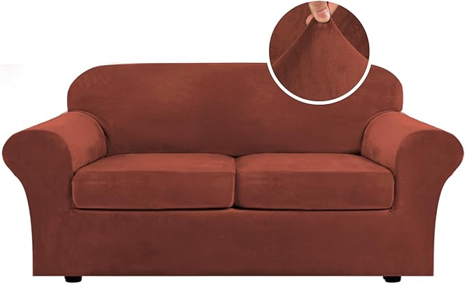 H.VERSAILTEX Real Velvet Plush 3 Piece Stretch Sofa Covers Couch Covers for 2 Cushion Couch Sofa Slipcovers (Base Cover Plus 2 Large Cushion Covers) Thick Soft Stay in Place (Large Sofa, Rust