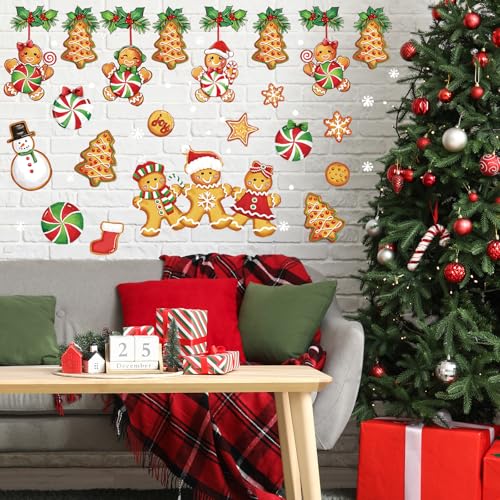 Christmas Wall Stickers Gingerbread Man House Xmas Tree Wall Stickers Peel and Stick Large Room Mural Decals for Winter Home Party Decoration, 8 Sheets