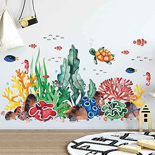 LiveGallery Coral Seaweed Wall Sticker Ocean Life Wall Decals Shell Conch Hippocampus Sea Turtle Tropical Fish Marine Plants Wall Decorations for Kids Bedroom Living Room Nursery Office