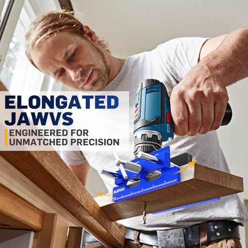 Upgraded 6.7 inch Self Centering Doweling Jig Kit (Blue), Drill Jig For Straight Holes Biscuit Joiner Set With 6 Drill Guide Bushings, Adjustable Width Drilling Guide Power Tool Accessory Jigs