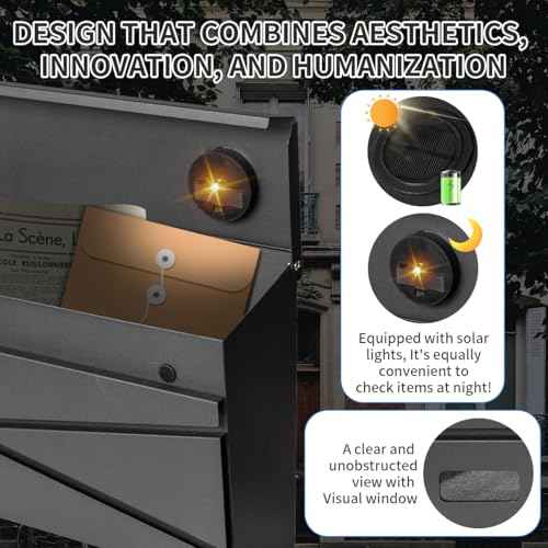 Wall Mount Mailbox, Large Capacity Mailbox for House, Visibility Galvanized Steel Rust-Proof Metal Post Box Drop, Mailboxes for Outside, 15.74"¡¿9.84"¡¿4.33" Solar Lanterns Black