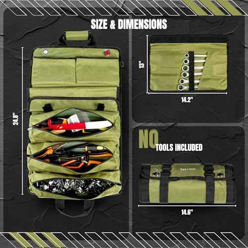 Tool Roll Bag with Metal Quick Release Buckle | Heavy Duty Tool Roll Bag Organizer | Canvas Roll-Up Organizer | Mechanics & Motorcycle Tool Bag Detachable Pouches | Roll Up Tool Bag Organizer