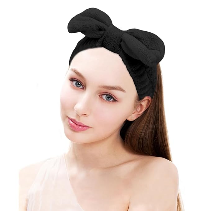 SPA Headbands for Washing Face Makeup Headbands with Bow Hair Band Women Facial Head Band Wrist Towel Wraps For Shower Face Mask Black, 6 Pack
