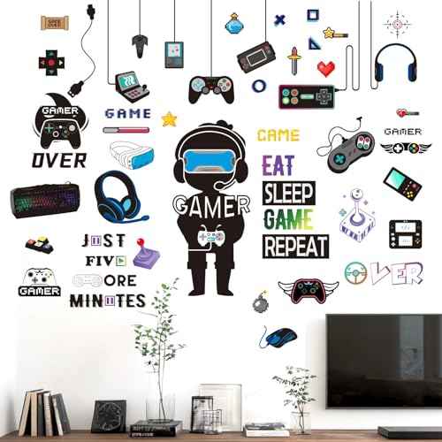 Gamer Wall Stickers - Controller Eat Sleep Games Joystick Video Gaming Wall Decals - Boys Bedroom Playroom Baby Kids Room Wall Decor