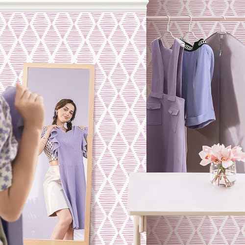 Modern White and Pink Peel and Stick Wallpaper 17.7"x120" Stripe Diamond Wallpaper Vinyl Waterproof Contact Paper Shelf Paper Drawer Liner Roll for Bedroom Living Room