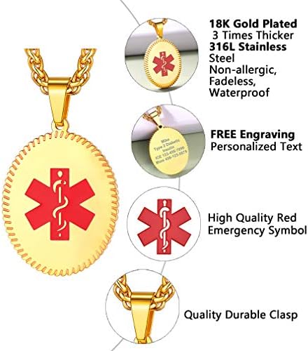 Supcare Medical Alert Necklace for Men Women, Stainless Steel Engraved Medical Emergency Pendant,Customized Medical ID Jewelry(16 Types)