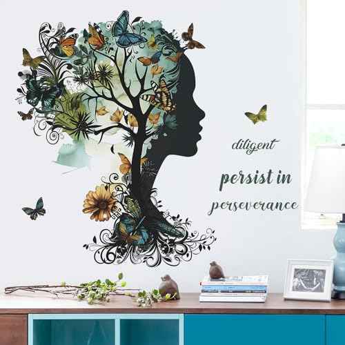 Removable Inspirational Wall Decals Peel and Stick Wall Stickers Art Positive Sayings Sticker DIY Giant Tree Butterfly Wall Decor for Women Girls Bedroom Living Room Sofa Background Decoration