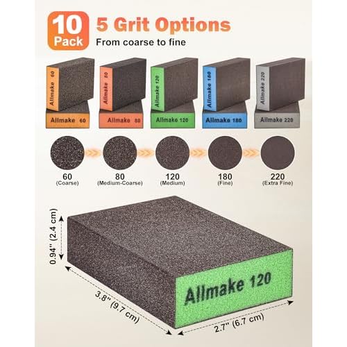 10 Pack Sanding Sponge, Washable and Reusable Sanding Block, 60 80 120 180 220 Grit Wet Dry Sandpaper Block for Wood, Drywall Sanding Block for Wood Furniture Crafts Metal Polishing Sand Paper Block