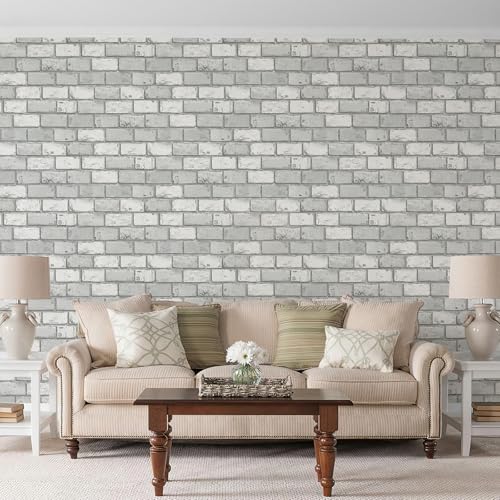 JiffDiff Brick Wallpaper Peel and Stick, Removable Vintage Self Adhesive Wallpaper Renter Friendly Textured Stick on Wallpaper Contact Paper £¨17.3" x 120" Gray Brick£©