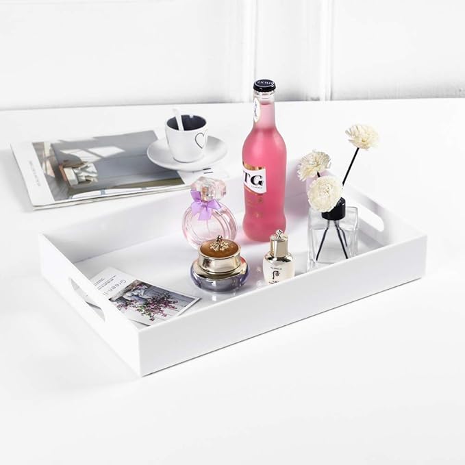 Sooyee Serving Tray with Handles, 16" x 12" Decorative Acrylic Tray for Breakfast, Tea, Food, Butler, Coffee Table, Ottoman, Vanity, Countertop, White